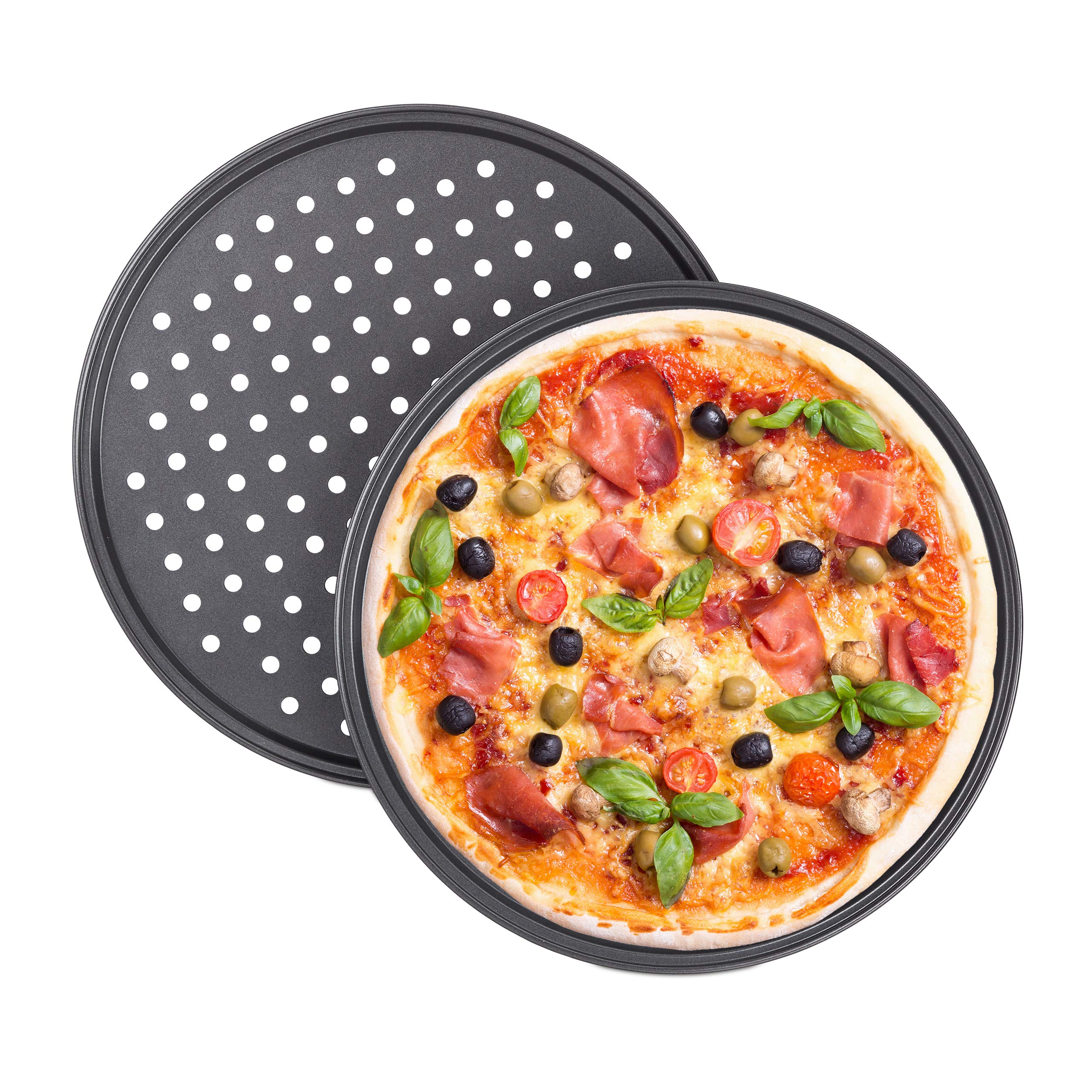 Relaxdays Lot de 2 moules à pizza ronds perforés antiadhésifs en acier carbone Gris Ø 32 cm