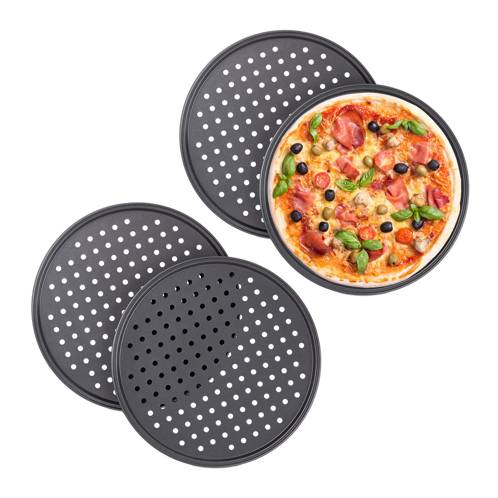 Plaque pizza, lot de 4, ronde, perforée, antiadhésive, tartes flambées, en acier, moule, ∅ 32 cm, anthracite