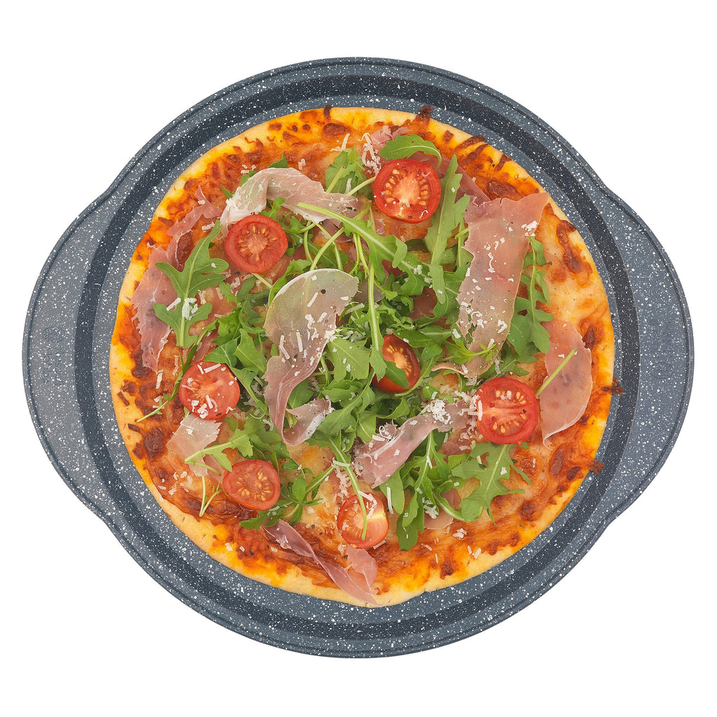 Set de 2 Plaques à Pizza Perforées 37 cm, Plateaux à Pâtisserie Non-Antiadhésifs, Idéaux pour Cuisson de Pizzas, Pain à l'Ail et Plus, Acier au Carbone, Revêtement Nightfall Stone